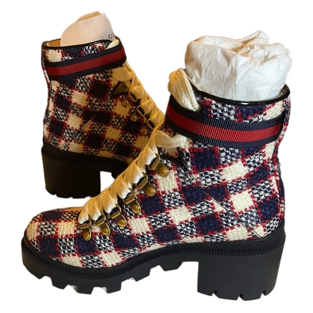 NIB Gucci Trip 40 Bootie in Plaid Tweed Sz. 34.5 (4.5)